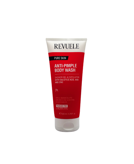 غسول جسم ضد الحبوب Revuele Pure Skin Anti-Pimple Body Wash – جل استحمام مقشر بحمض الساليسيليك، AHA، والزنك
